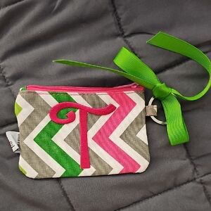 NEW "T" Embroidered Card Holder, Pink, Green & Gray With Zipper